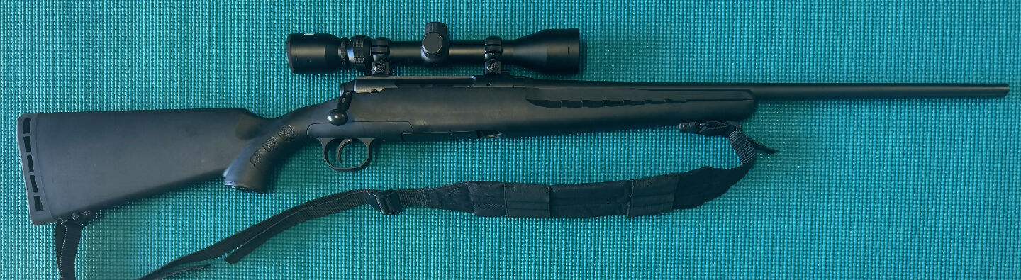 Savage Axis in 243 Win with Bushnell 3-9x40 scope and a padded cordura sling. Very good condition, ready to go hunting setup.