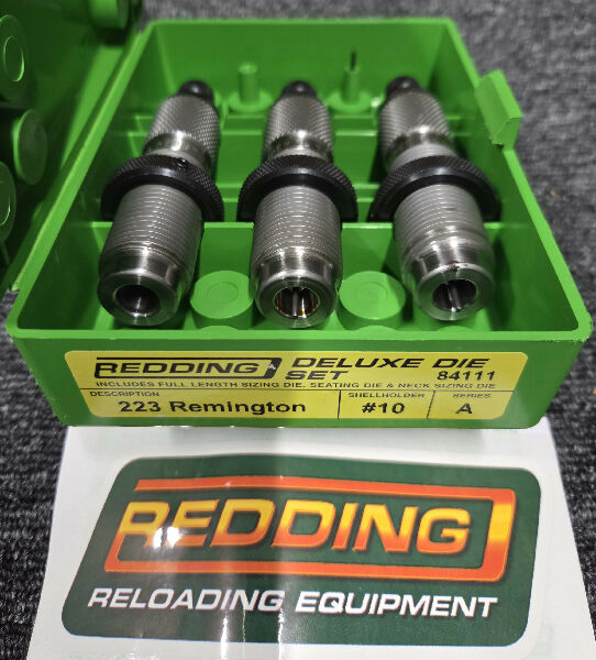 Redding .223 Delux Die Set. The set includes a full length sizer, neck sizer and bullet seating die, in factory case with paperwork. It was only used to make on