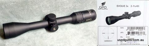 GPO Evolve 3x 3-9x40i, brand new in box. Scope has an illuminated No4 reticle and comes with factory scope cover. Quality scope heavily discounted, price includ