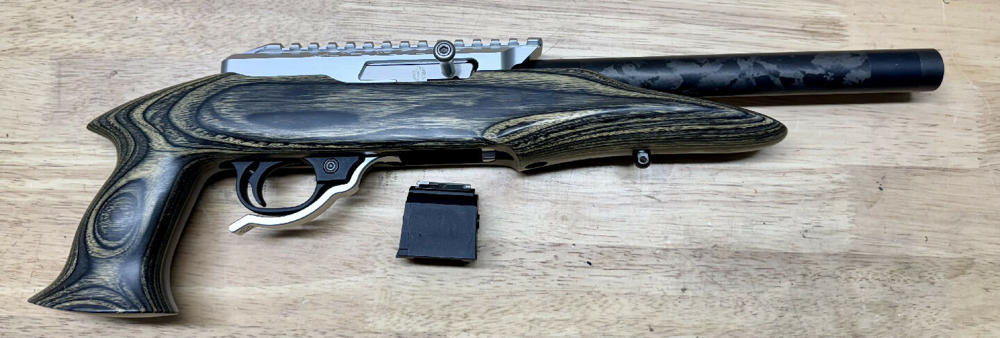 Price is posted to most states. Registered currently as H class. Tac Sol X-ring with 254mm carbon barrel, includes integrated pic rail, 1x Ruger mag, laminated 