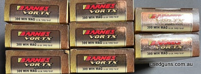 8 packs of 20 Barnes Vortex 300 Win Mag ammo with 180gr Tipped TSX projectiles. Super cheap. In store pick up only.