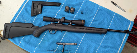 Ruger American Rimfire. Comes with 2 magazines, low height comb and original thread protector. Signs of wear from general range use. Buyer to pay for postage an