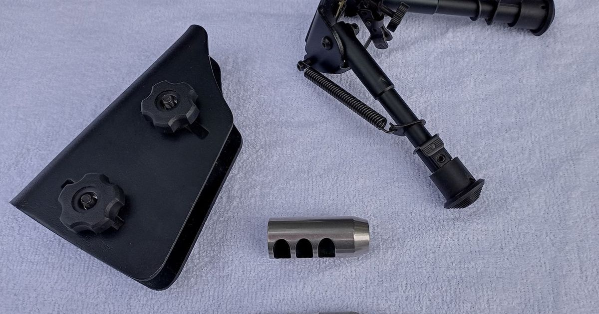 Bipod, Red dot, cheek rise,   bolt handle,   muzzle brake