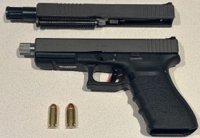 Large frame gen 3 Glock 21 with Timney trigger. Glock 21 slide is cerakoted tungsten and fitted with an AlphaWolf stainless threaded barrel, Lone Wolf guide rod