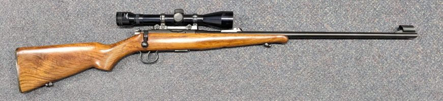 A BRNO Model 2 in 22LR in good condition. Would be very good condition for its age but is missing the read sight. Metalwork is in very good condition with no sc