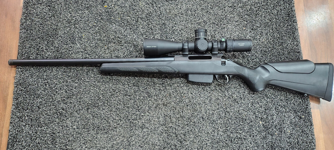 Tikka T3 LH varmint. 1/12 twist. 223. Picatinny rail. Light spring trigger. Has Arken SH4 6-24x50 34mm tube with Arken rings. Probably shot 400 rounds. Left han