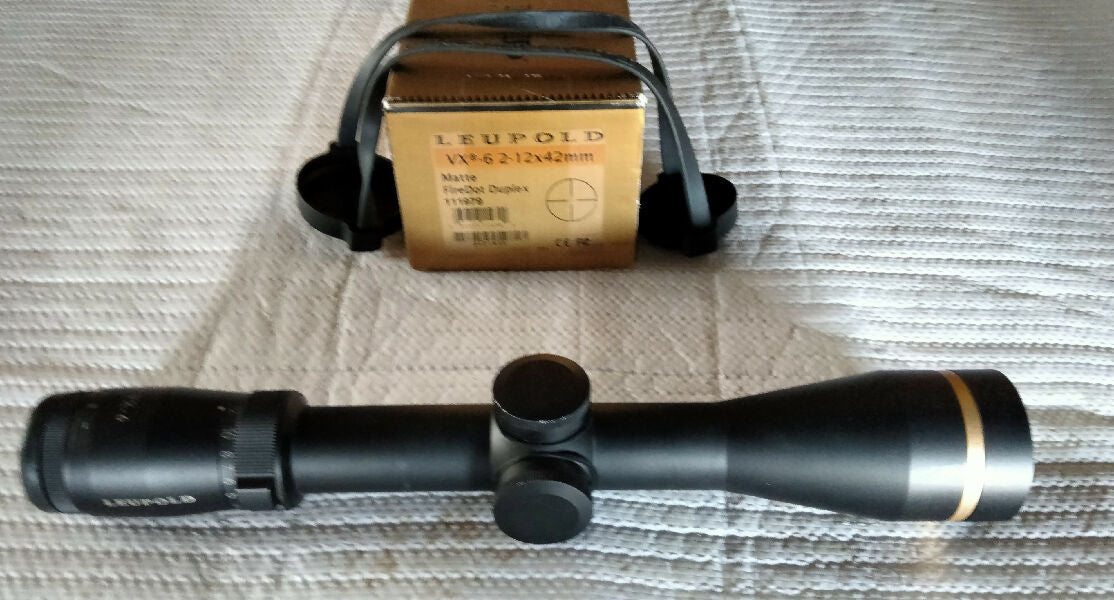 Leupold VX 6 2 to 12 × 42                             good light weight 30 mm tube scope. Firedot duplex reticle.Needs new turret cap washers.best to contact me