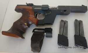 Walther GSP 32 S&W. Grips have some cosmetic marks but is mechanically very good. Overall in good condition. Comes cased with 2 magazines and shell catcher.