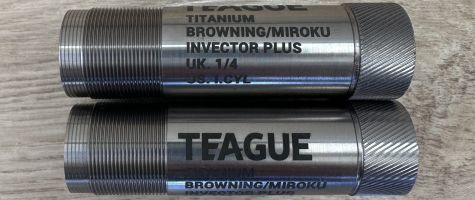 Two Teague titanium extended chokes for miroku or browning invector plus . 1/4 and 1/2 sizes . Great for lightening the front end of your gun if it is nose heav