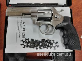 New Alfa Proj 9mm Revolver . Stainless Steel 6 shot. Ex Display model. Has some slight blemishes but not fired/used. Rubber grips with multiple moon clips in bo