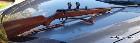 Great little German made Krico 22LR thats accurate & nice and light, comes with leather sling, 10 shot mag, and 2-7x28 Leupold rimfire scope.