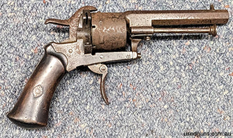 A belgian 7mm pinfire revolver in fair condition. This revolver is in non functional condition and is missing loading gate. $30 freight to your dealer Australia