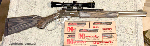 Lucky to have 6 shots fired. Presents as new. Comes with Leupold scope and flip up covers in gloss finish. Also 6 packets of Hornady Lever Revolution if picked 