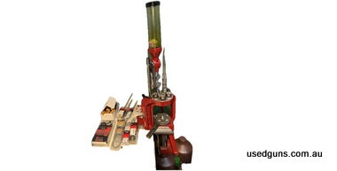 Hornady Lock and Load AP 5 stage progressive press set up for 9mm Luger, decap/resize die, powder throw die, bullet feeder die with tubes to hold projectiles, s