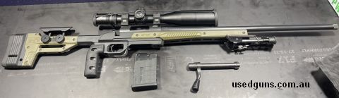 Howa 1500 in 308 Winchester. 26 inch threaded varmint barrel. MDT Oryx Chassis. 10 round MDT magazine. Vertical MDT grip. Extra LOP spacers. Has thumb screws fo