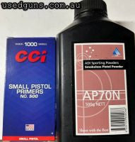 1000 CCI small pistol primers. AP70N pistol powder 500grams opened and a small quantity used.