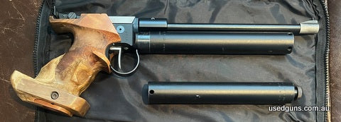 CO2 Pardini air pistol, some pitting on outside of barrel from water, still shoot very well, spare small grip, spare cylinder, gas cylinder adaptor and gas purg