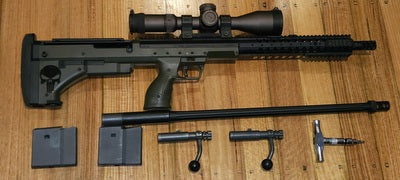 DTA SRSA1 with 20in 308 barrel fitted with Triple Tac2 muzzle break, 26in 338 Lupua Mag barrel fitted with DTA muzzle break, comes with Vortex Razor MRAD 4.5-27