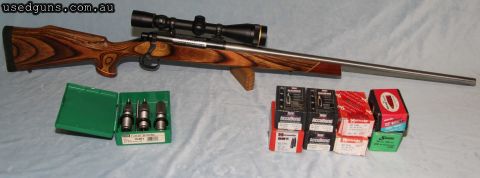 Custom Remington BDL Richards Micro Fit laminated stock beaded. Maddco stainless steel barrel 26" long. 117 used cases. RCBS FL, neck and seater dies. A few ass