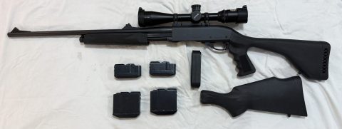 Remington 7600 pump action, matched up with Nikon M-308 4-16x42 Pistol grip stock with spare shoulder spacers X3 4 shot mags X2 10 shot mags Original stock incl