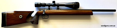 Anschutz Match 52, 1411 Target rifle setup for benchrest, carbon fiber sleeved barrel threaded, rifle in good overall condition with changeable bolt knob and sc