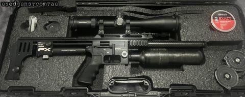 FX Impact, comes with 22cal and 30cal barrels, two large magazines per caliber, power plennum and manual pump. Scope available separately.