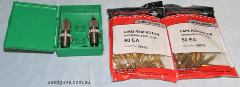RCBS 6 mm Dies Seater and Neck. 100 6 mm Winchester cases new still in sealed bag. Express Postage included