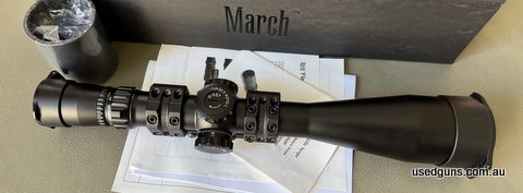 As new March FX 5-40x56, 0.05MIL adjustment, FML-1 Reticle. Complete with SPUHR mount (7MIL/24MOA). Was only used on the range on 3 occasions on a 308. Perfect 