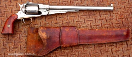 Very cool looking Pietta Buntline in 44 Black Powder with vintage leather holster. Brass trigger guard. Very unique firearm, This has been well used with lots o