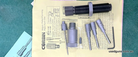 Corbin air gun swage dies in 218, comes with main die body, hollow point, 3 bases and floating base holder. I have only made a few hundred slugs with this die s