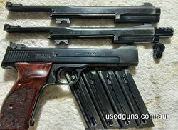 Come with 3 interchangeable barrels 1x142mm .22l lr 1x175mm .22lr 1x.22 shorts Shorts barrel no longer available