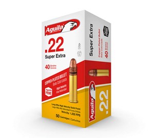 AGUILA
1B220328
SUPER EXTRA
40GR, HIGH VELOCITY 
COPPER PLATED SP
1255 FPS

$6.90 /PER 50
$62.10 / PER 500
$116.50 /PER 1000