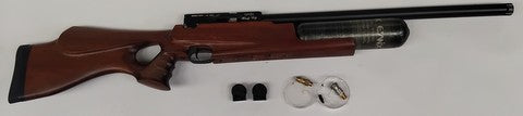 As new 22 PCP Air rifle with 250Bar carbon fibre tank. Never been fired, comes with x2 10rd Mags, Filling nozzle adaptor, no hose. Can source filling hose if re