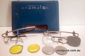 Champion shooting glases with extra lenses, cased with extra frame. Buyer to pay postage. Phone 0407440263