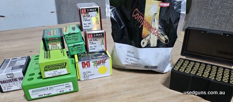 Surpless to needs .204 Ruger reloading equipment. Redding Dies & Neck Die, 100x once fired Norma brass, 50x twice fired Hornady brass, various projectiles 26gr,