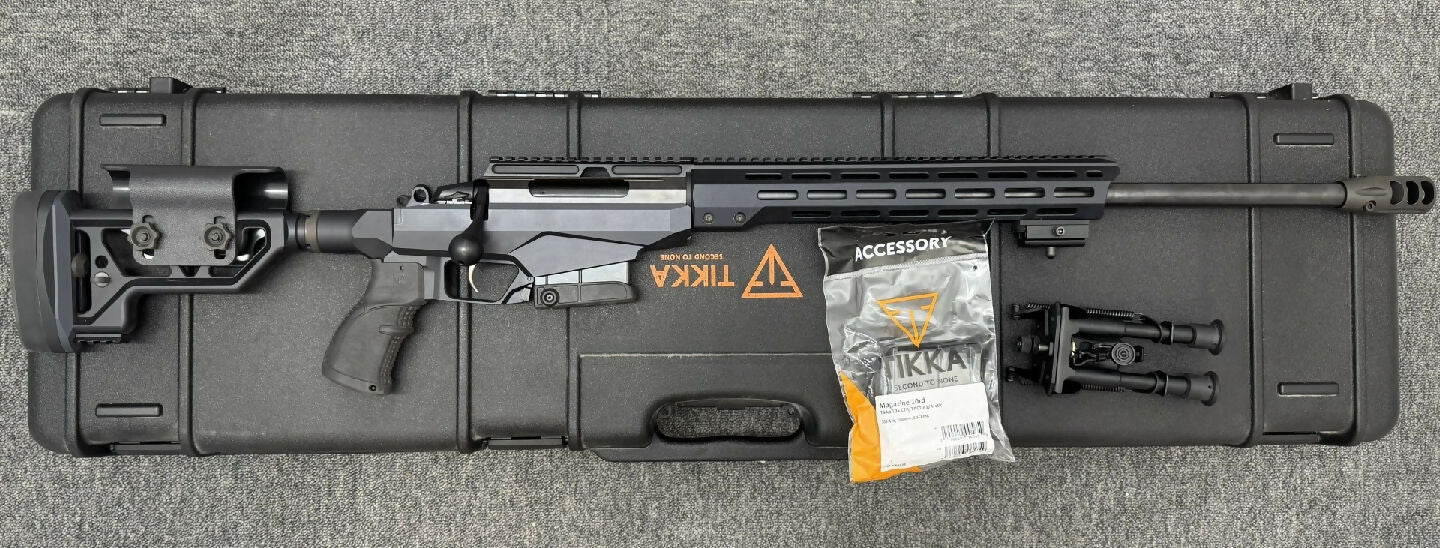 A pre-owned but unfired Tikka T3X TACT A1 (24" barrel, fixed stock) in as-new condition complete with hard case, 2 x magazines, muzzle brake and bipod. Save $60