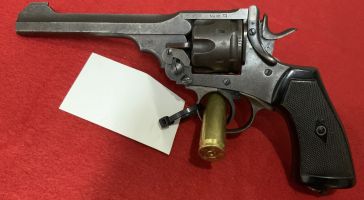 Hi here‚Äö√Ñ√∂‚àö√ë‚àö¬•s a good webley mk6 revolver.  cal is 455.  bluing is thin for age, been made in 1916.   still has a good barrel for it age and is still