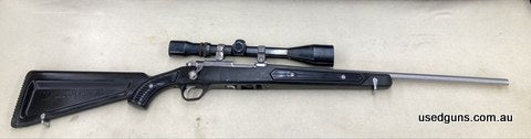Good condition Stainless paddle. Stock Ruger 77/22. Other than a few cosmetic marks this firearm appears to have had little use. Includes a Weaver V9-1 3-9x40 i