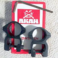 RARE Akah 22mm C - Thru scope mounts. Hard to find this size to suit 22mm scope tubes. Fits any rifles with 10-11mm dovetail. Quality made alloy mounts. Phone 0