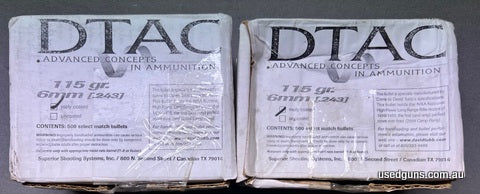 Over 700 x DTAC 6mm 115gr HPBT Moly Coated projectiles. Over 700 projectiles. One full 500 pack and one 1/2 pack. $15 post Australia Wide.