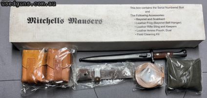 Mitchell's Mausers accessory pack for Mauser K98 including bayonet, scabbard, leather frog, leather rifle sling dual leather ammo pouch and fiels cleaning kit. 