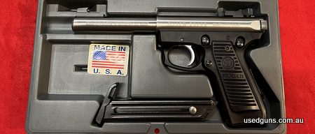 Original stainless Ruger 22/45 22LR with 140mm barrel in very good condition. For enquiries please call the store on 0746328258.