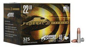 FEDERAL
F22HAM
HAMMER DOWN
22LR, 40GR, COPPER PLATED HOLLOW POINT 
1200 FPS
AMMUNITION

SPECIAL
$56.90 /PER 325
$549 /PER 3250