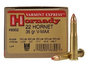 HORNADY
H8302
VARMINT EXPRESS 
AMMO
22 HORNET, 35GR VMAX
$43.70 /PER 25
$371.50 /PER 250