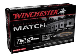 WINCHESTER
S76251M
MATCH
7.62X51 (308WIN), 175GR, HPBT
LOADED WITH SIERRA MATCHKING
AMMUNITION

SPECIAL
$39.90 /PER 20
$199.50 /PER 100
$399 /PER 200