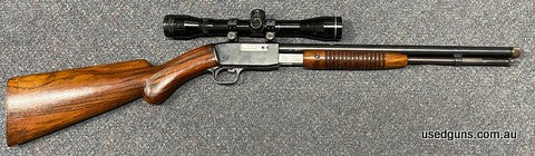 Good condition Browning Trombone in 22LR. Has a Tasco Proghorn 4x40 scope mounted. Barrel has been shortened and threaded. Scope very clear. Great compact 22LR.