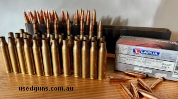 All Lapua brand brass - new and once fired. Totals: Brass 26 once fired, 11 new 250gr Lapua factory ammo rounds, 16 reloads with 250gr Lapua Scenars. Plus 62 La
