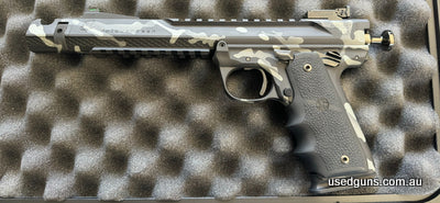 Brand new Volquartsen Black Mamba 7 inch Camo finish 22LR. 10 shot. Cased with 2 magazines. Hogue grips. Competition bolt. Threaded muzzle. Fitted with a Volqua