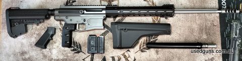 As new 243W. Right hand charge. 22 Inch fluted barrel. 1 in 8 inch twist. (so, 107 grain bullets will be ideal) Viper side vent brake VLTOR Carbine adjustable s
