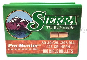 SIERRA 
S2020
PRO HUNTER
30/30, 125GR, FNHP
PROJECTILES

SPECIAL
$59 /PER 100
$295 /PER 500